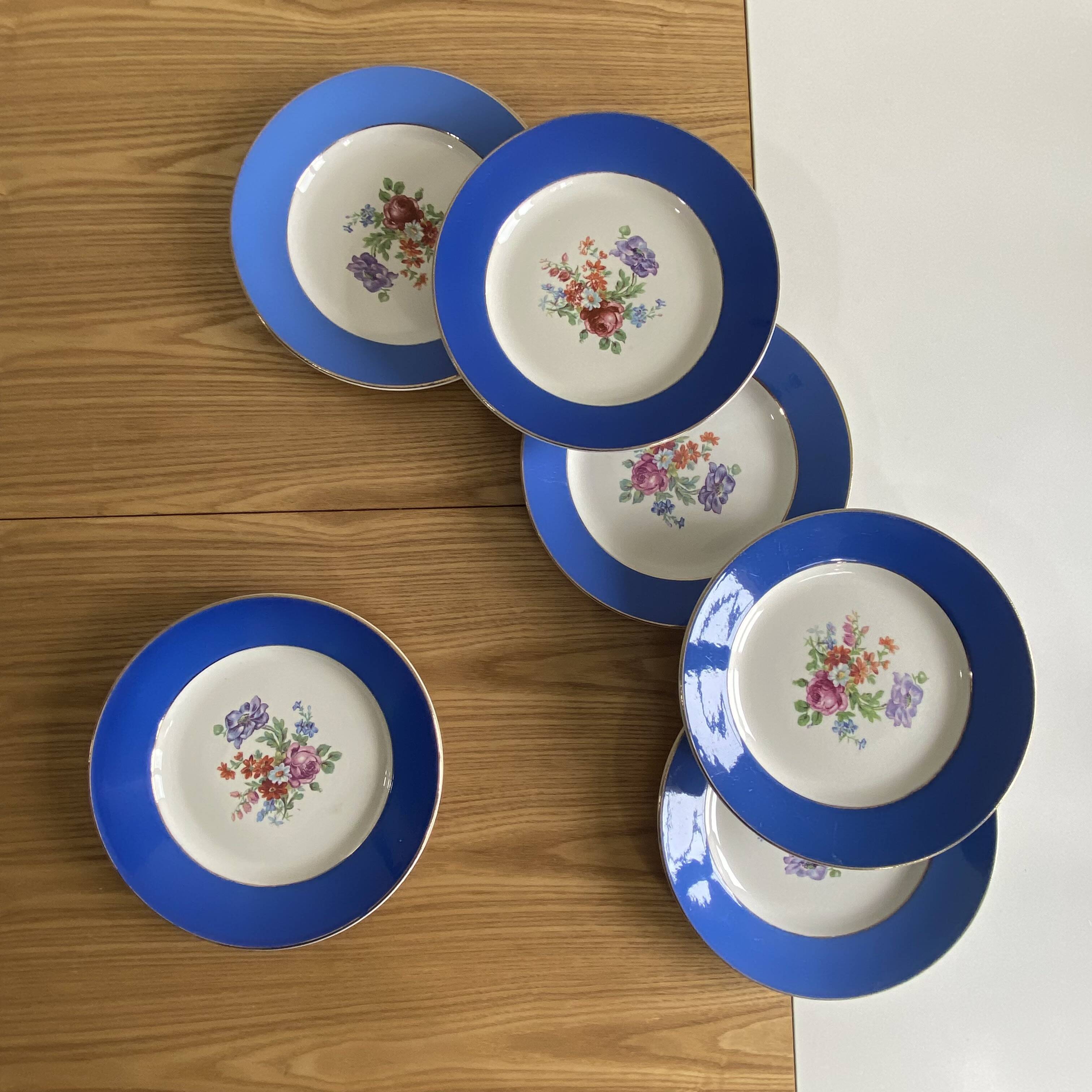 6 antique blue ceramic dessert plates with flowers and gilding from Saint Amand Hamage.