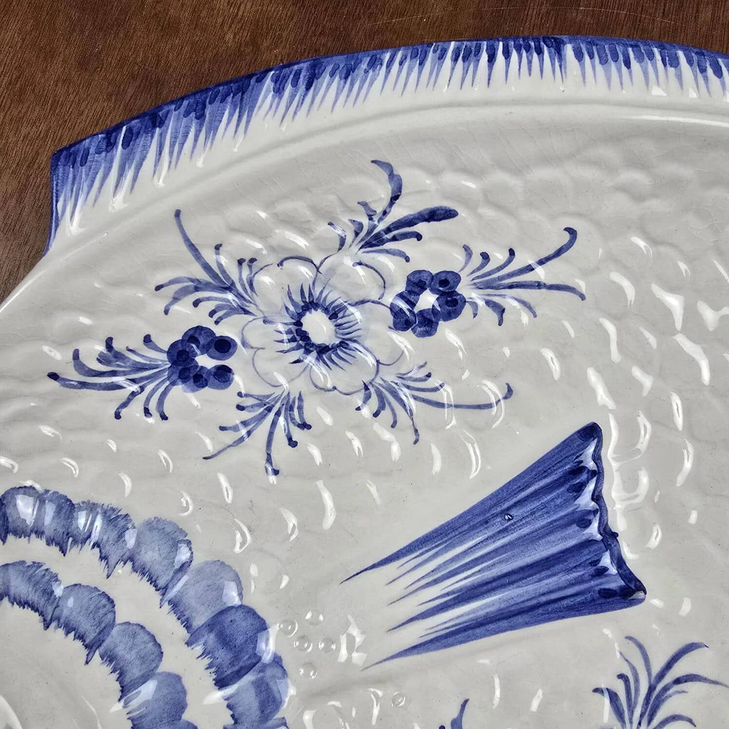 Elegant large vintage fish platter Portugal – Cobalt blue ceramic – 45 cm