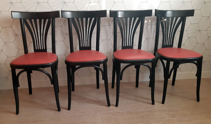 Set of 4 vintage bistro chairs in wenge beech and imitation red leather