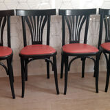 Set of 4 vintage bistro chairs in wenge beech and imitation red leather