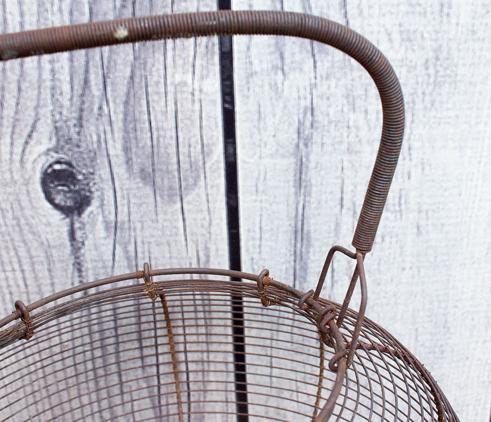 Old basket has wire eggs