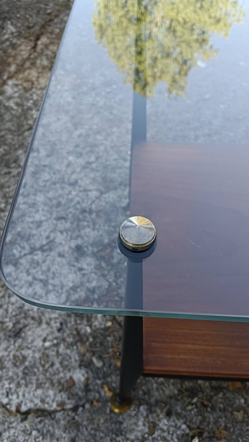 Coffee table in glass, wood and steel, mid-20th century.