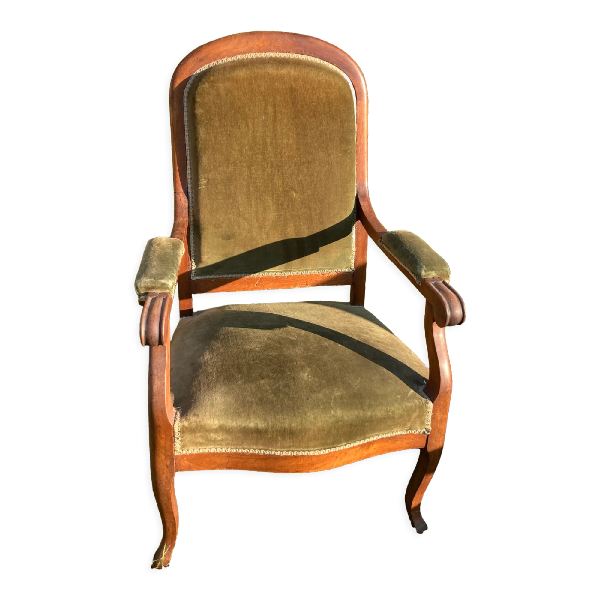 Antique Voltaire armchair in wood and green velvet Louis Philippe