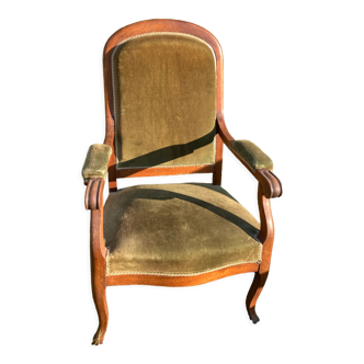 Fauteuil Voltaire ancien en bois et velours vert Louis Philippe
