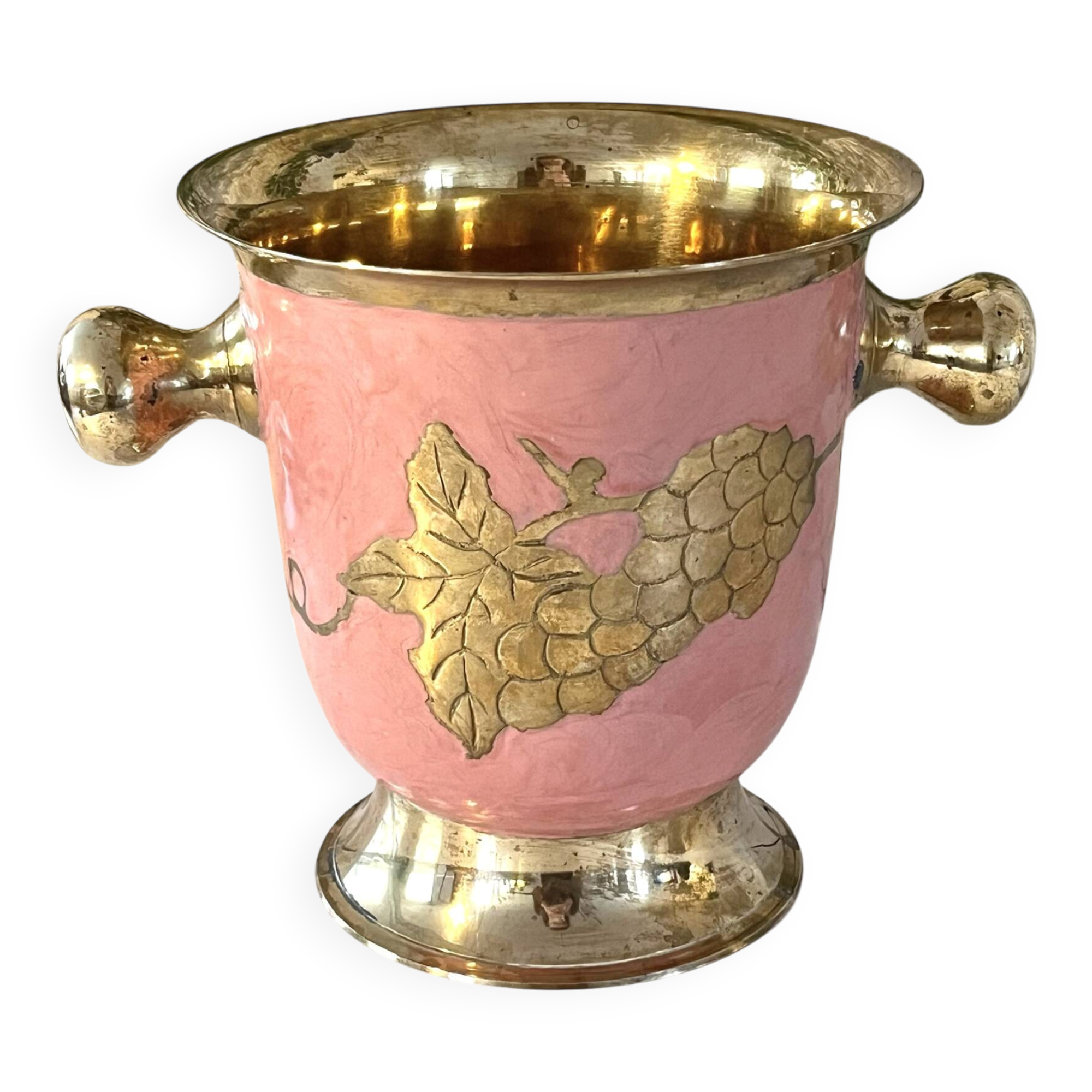 Enamel Ice Bucket – Vintage French Pink Gilt Grapevine Champagne Coole