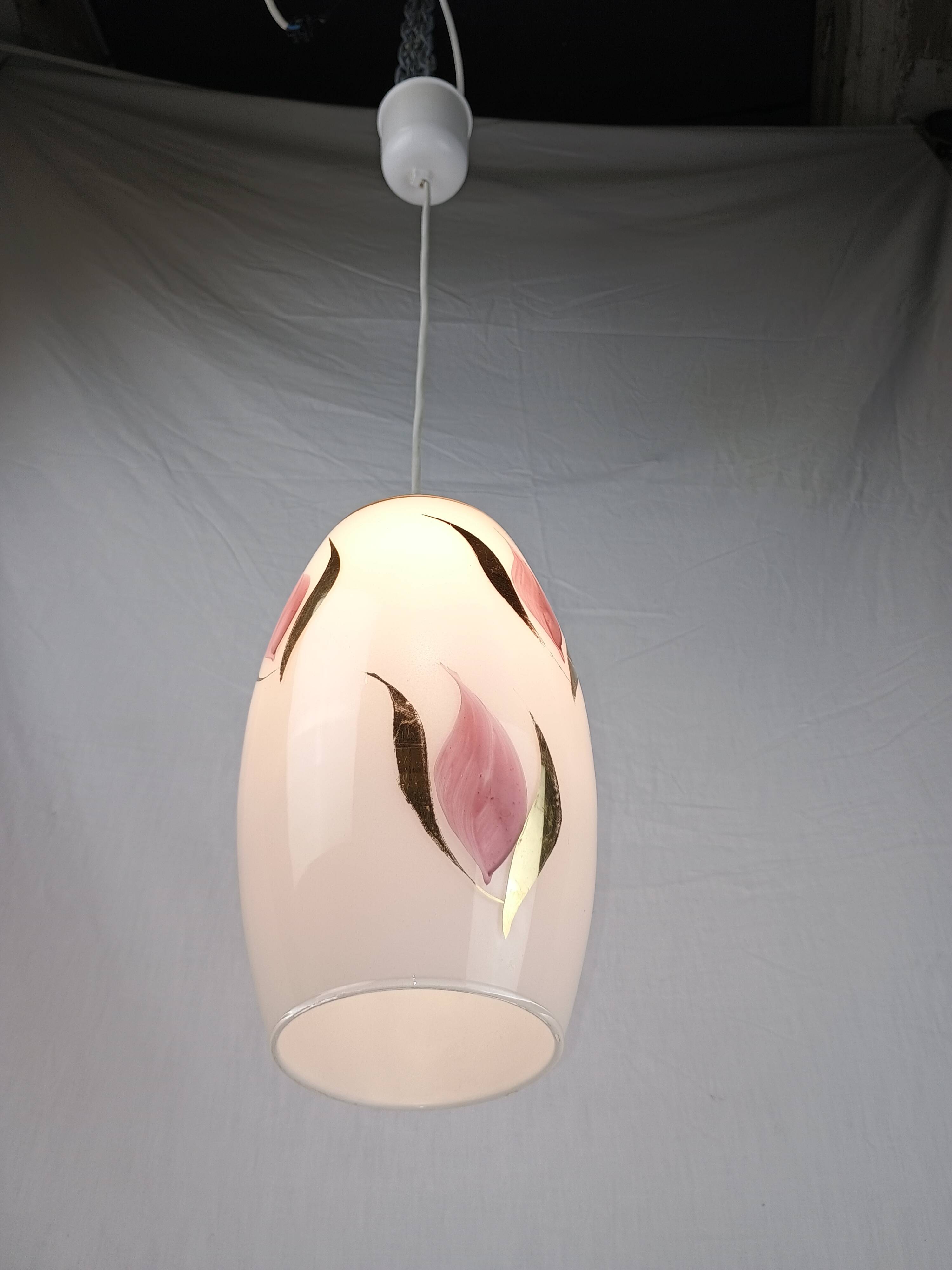 Vintage 1950s Pendant Light, Cream White Glass, Pink and Gold Flower Pattern, ARLUS