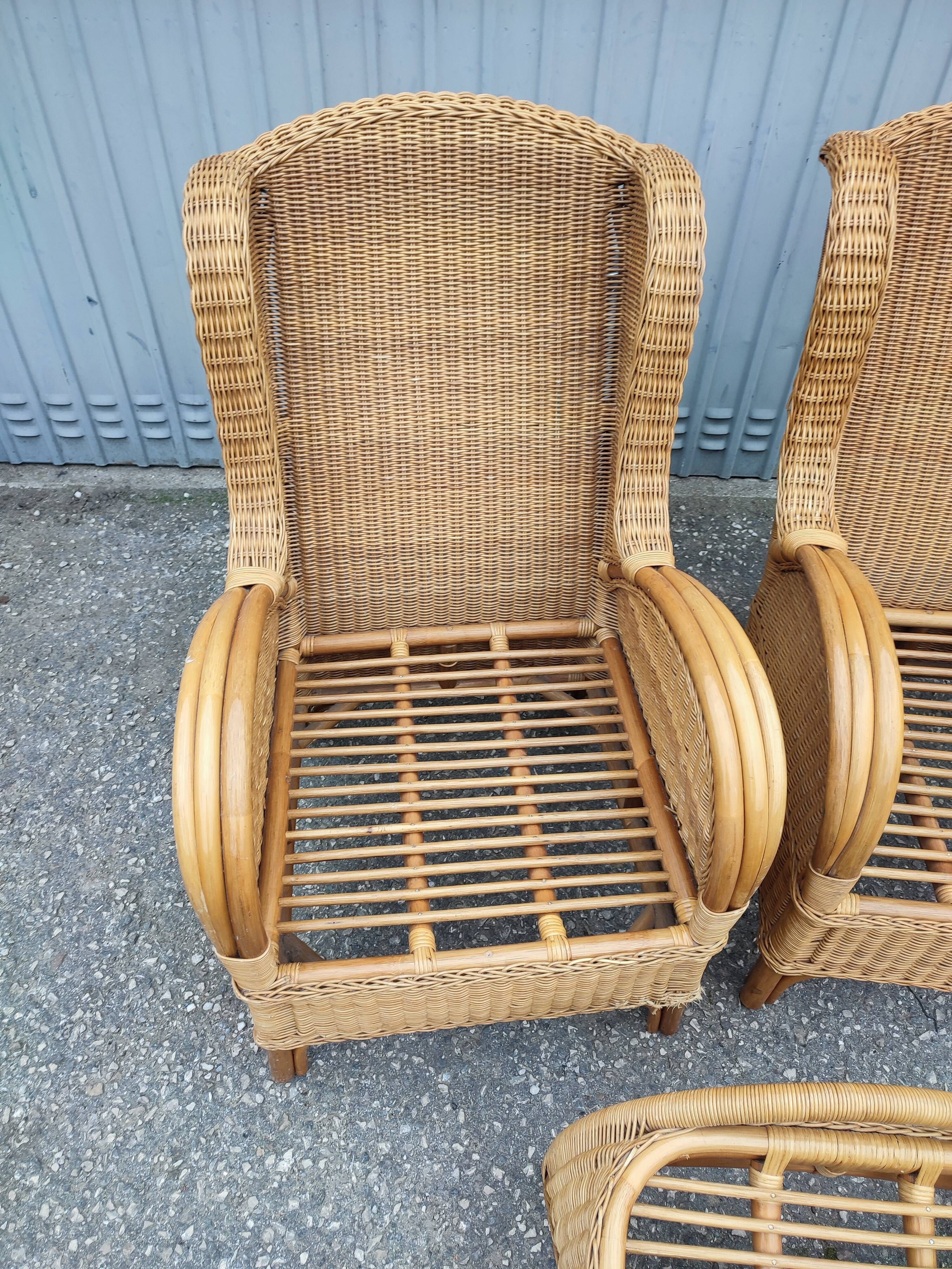 Pair of old armchairs wicker rattan & foot rest vintage year 60