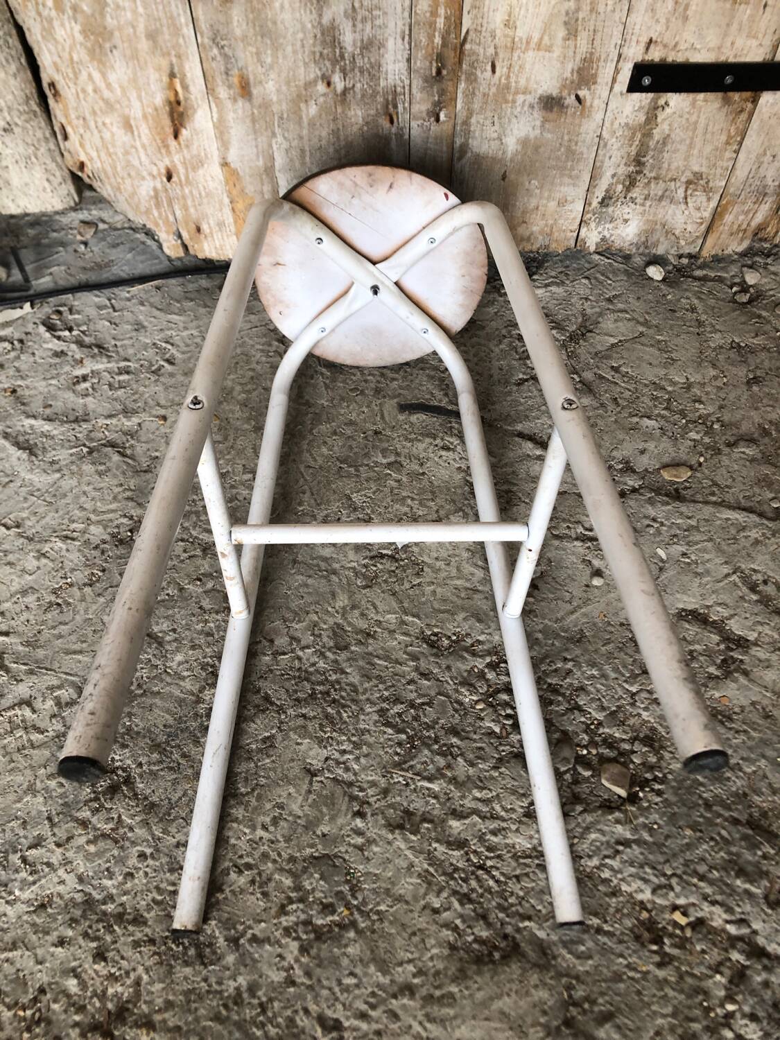 Bar Stool White Metal Leg + Vintage Brown Wood Seat #A352