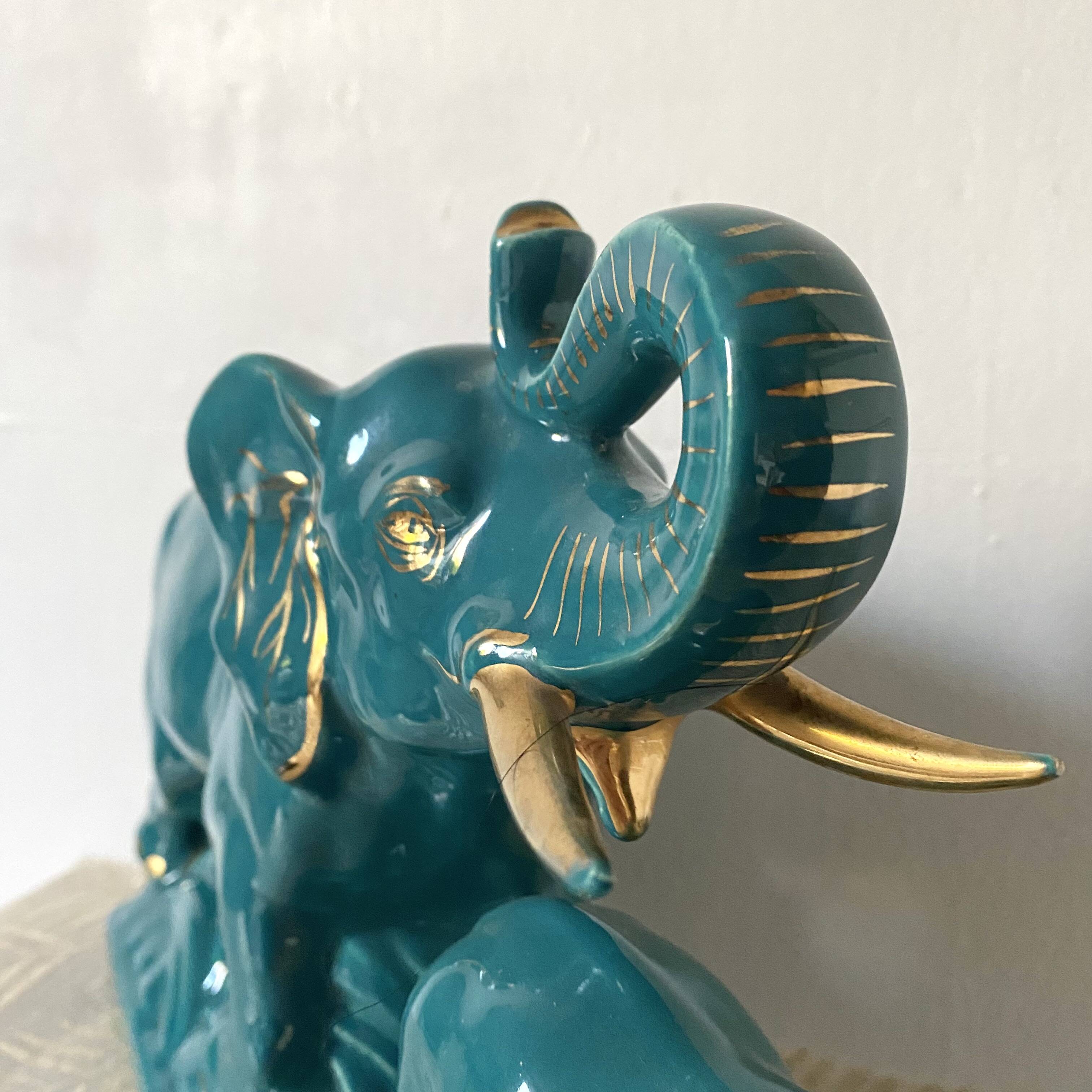 Turquoise and gold art deco ceramic elephants