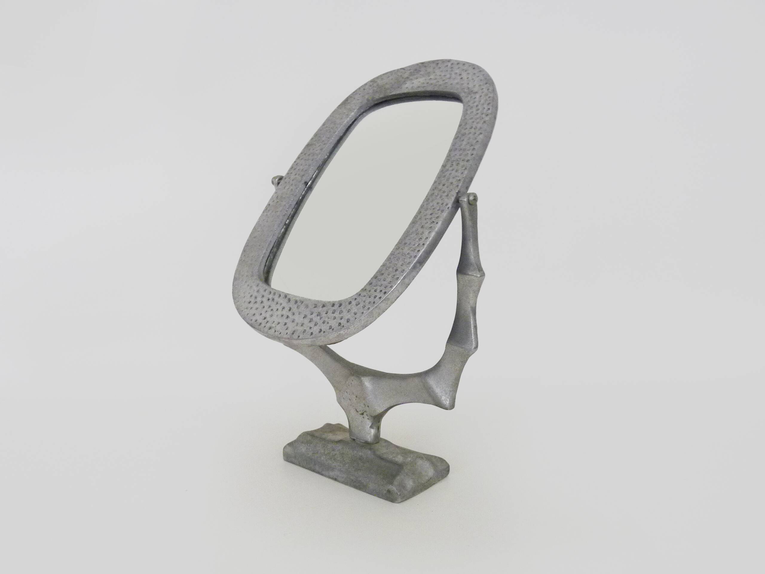 Old large Psyche Gothic table mirror in cast aluminum, Brutalist Mexican style. 70