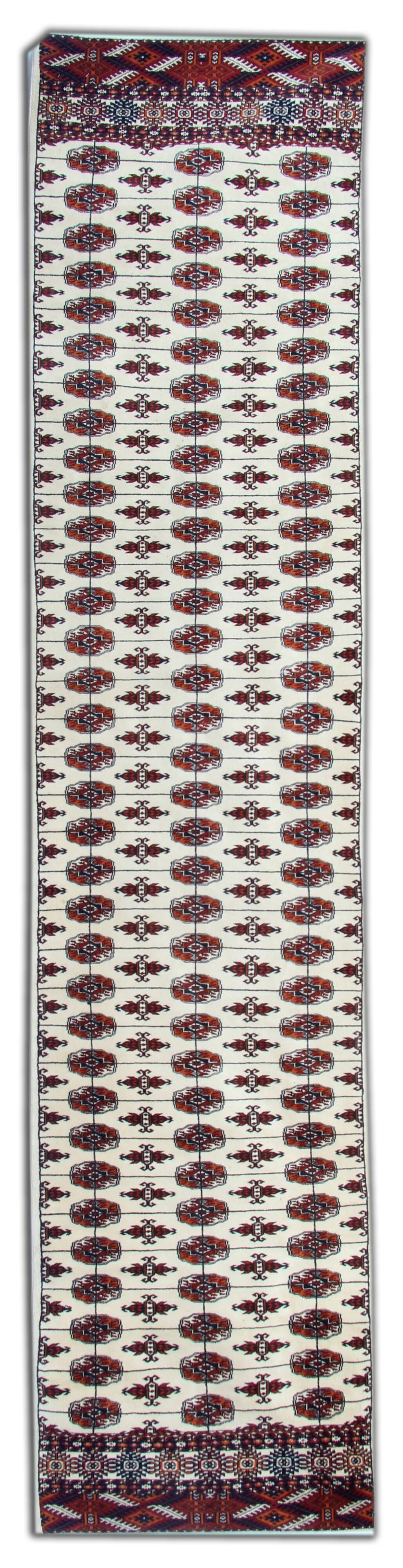 Turkman Runner Rug, Handmade Bukhara Geometric Ivory Runner for Sale
