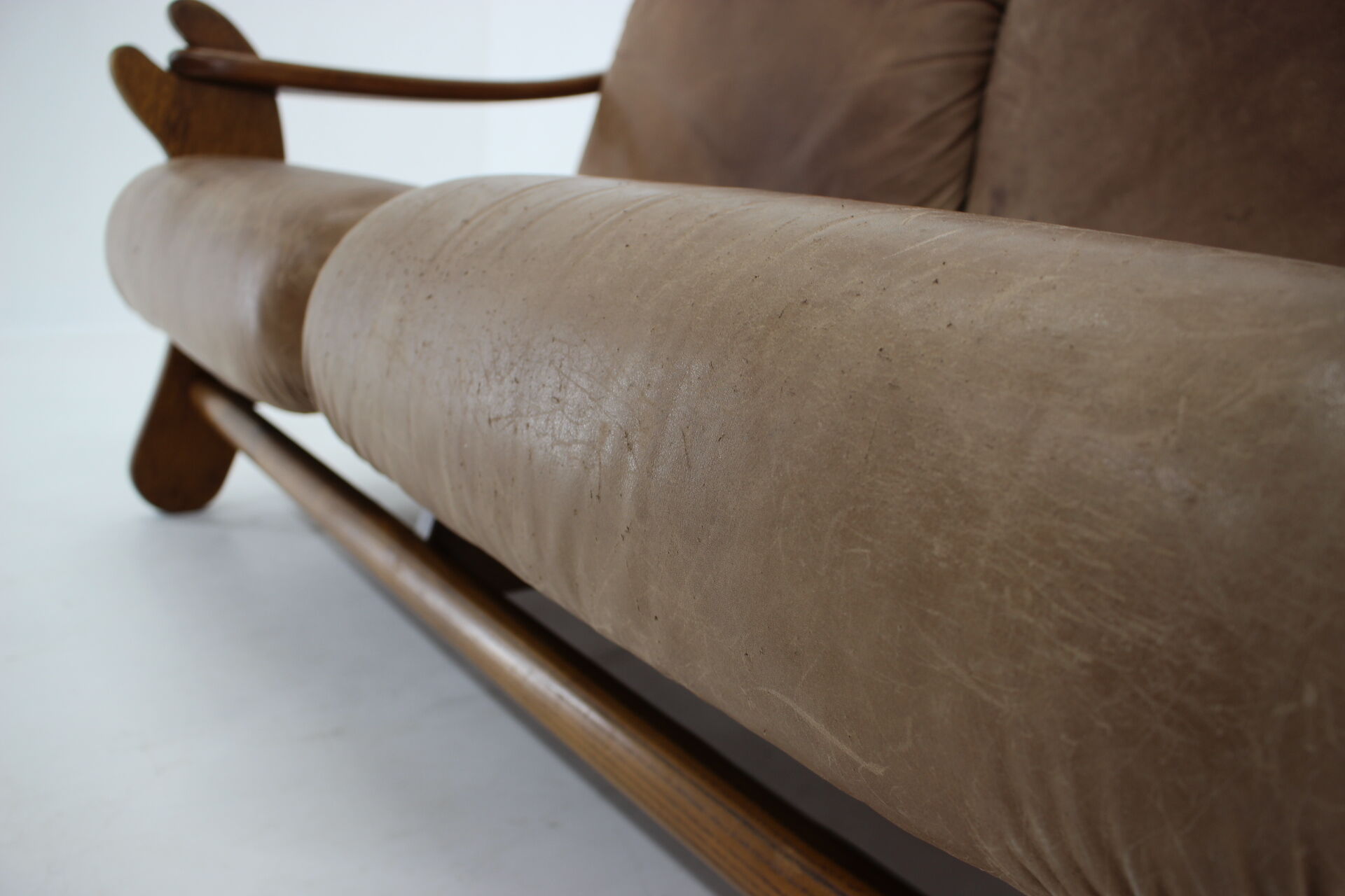 1970s Brutalist Dutch Oak and Leather 2 Seater Sofa
