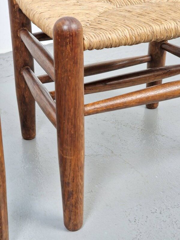 Ensemble de chaises en bois et en osier de style brutaliste inspiré par Charlotte Perriand, années 1960, ensemble de 2.