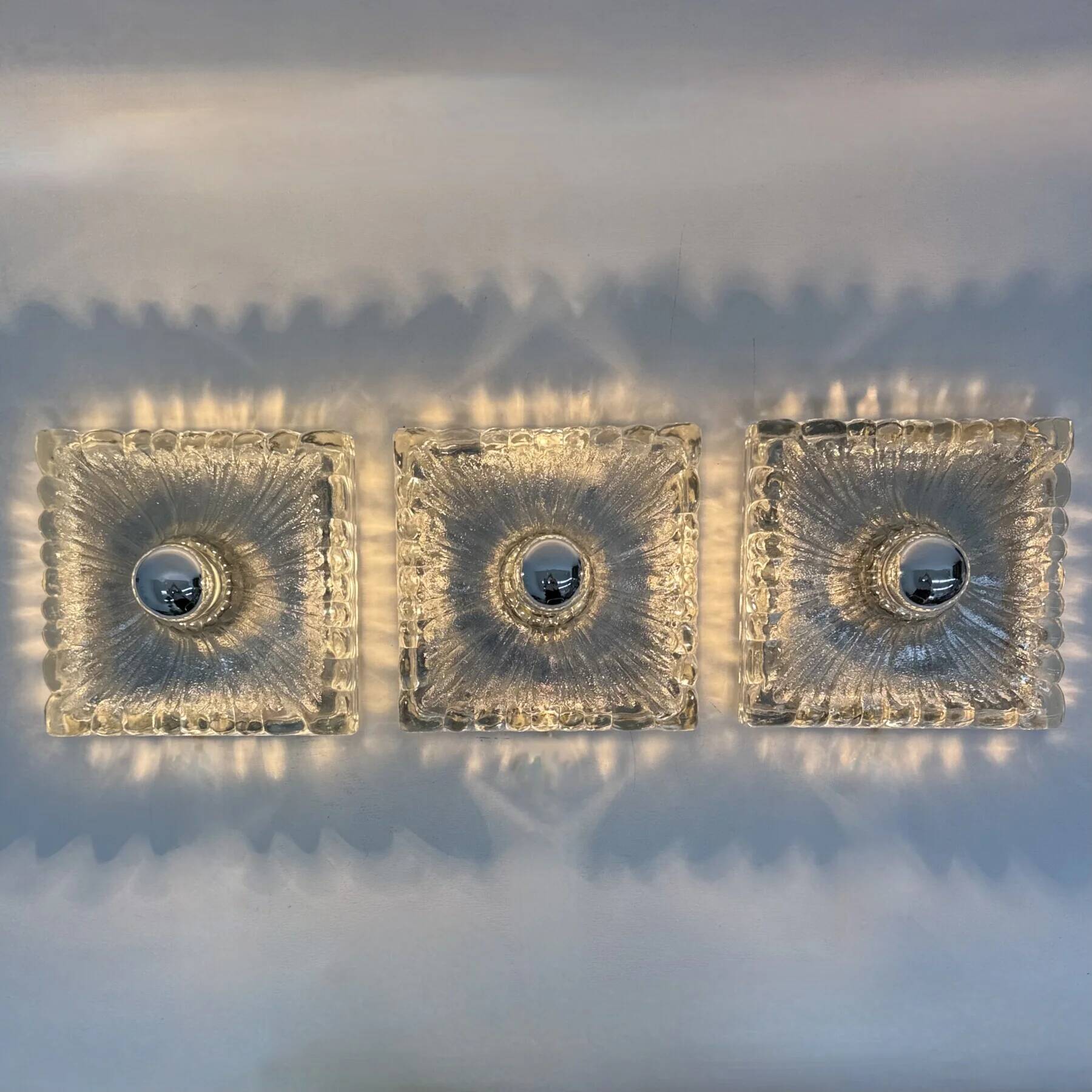Hustadt Leuchten ice glass wall lamp sconce set of 3, 1970s Germany