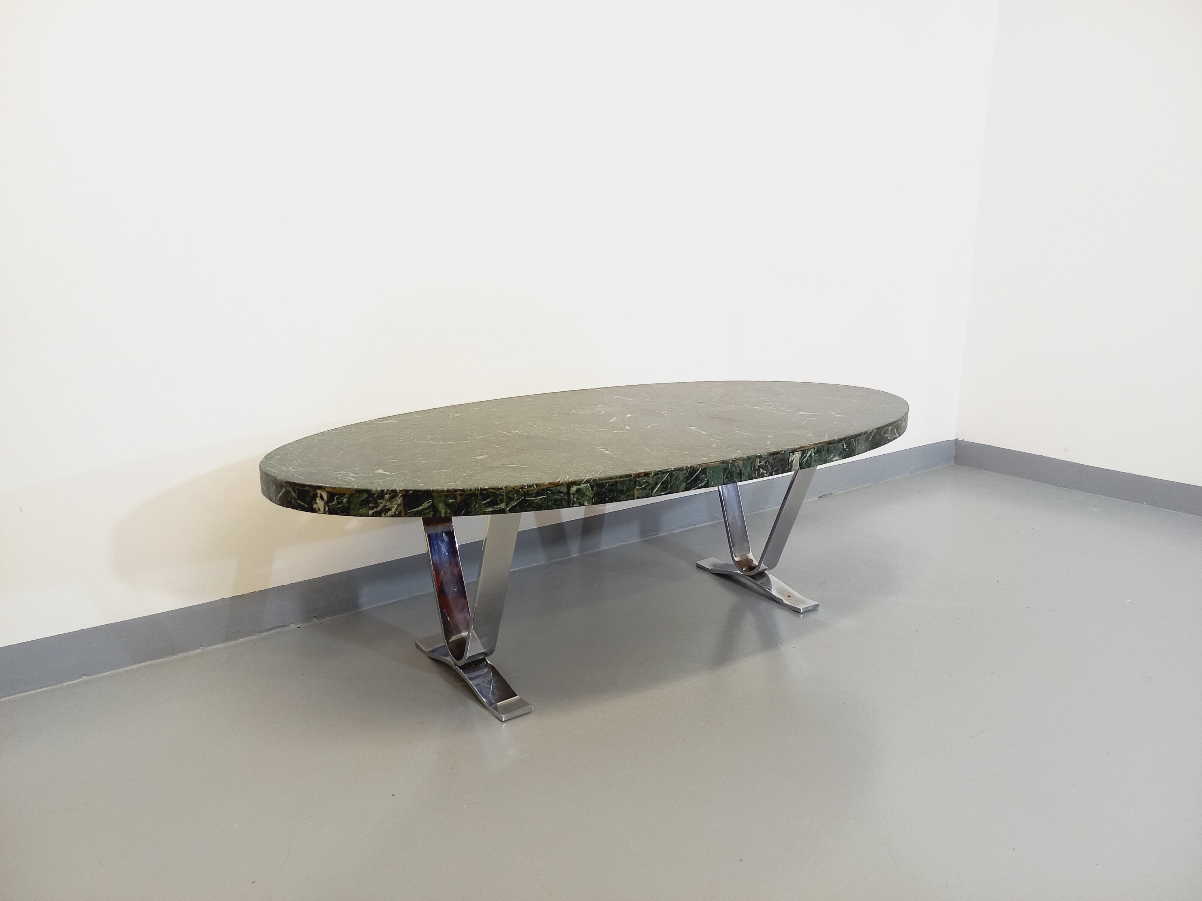 Vintage oval coffee table in stone and chromed metal from the 70s