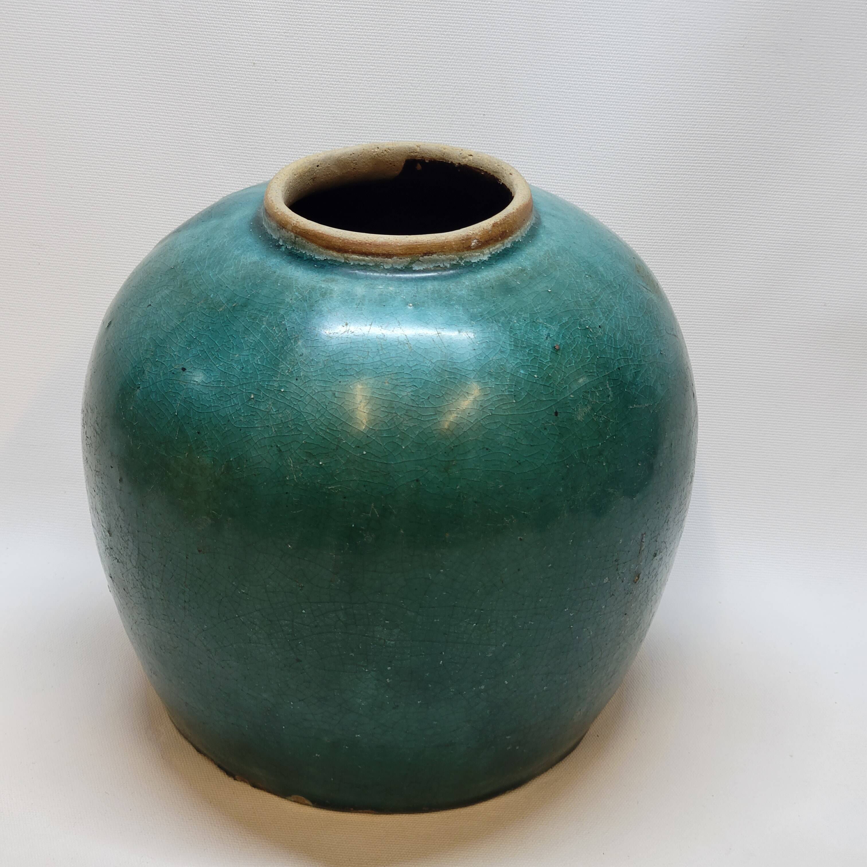 Antique Chinese Ginger Pot 1900 Green Blue Turquoise Enameled Ceramic