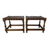 Paire de tabourets espagnols en bois tourné et cuir – Wabi Sabi