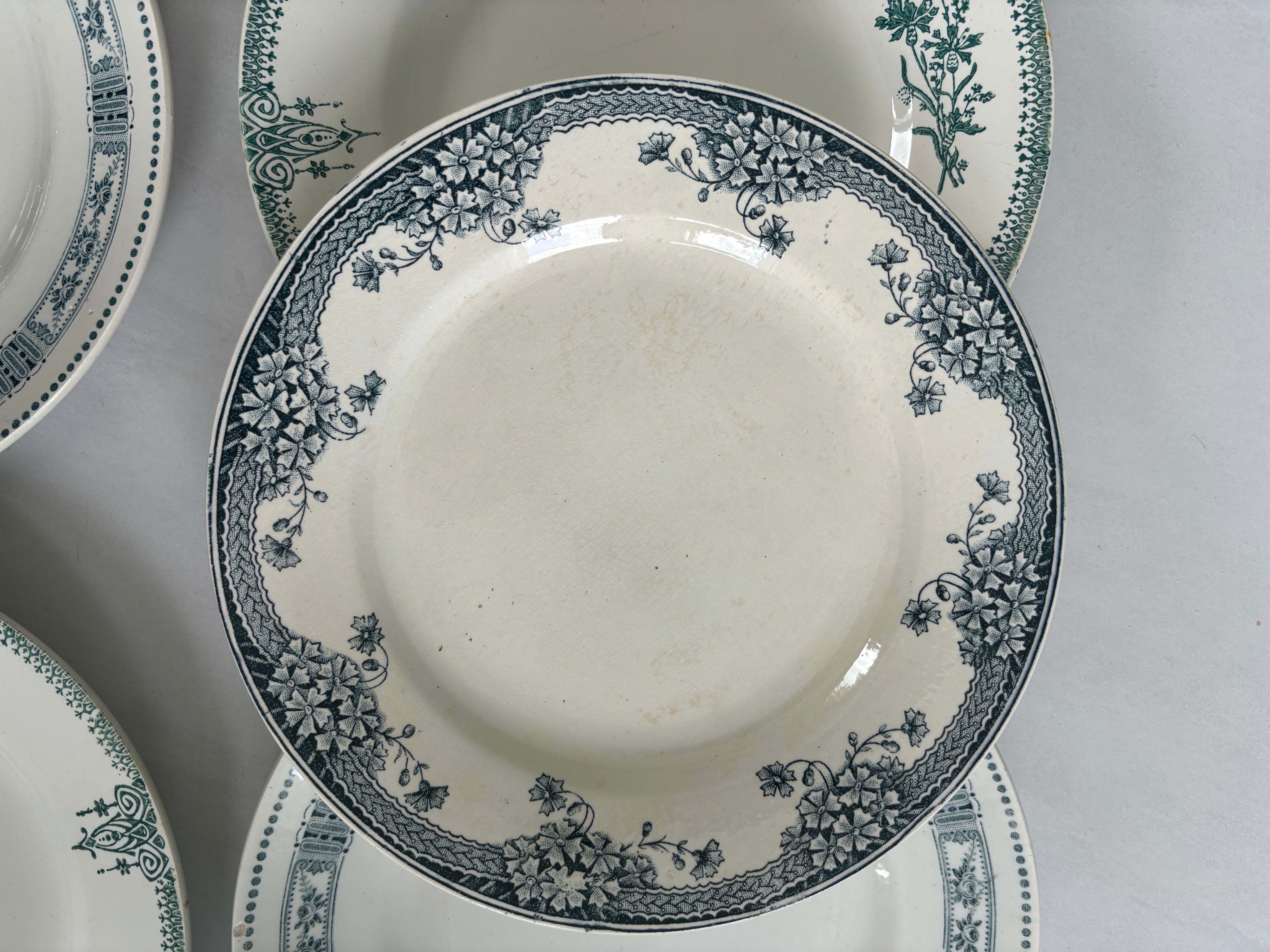 Lot 6 blue and green ironstone plates, antique French earthenware.