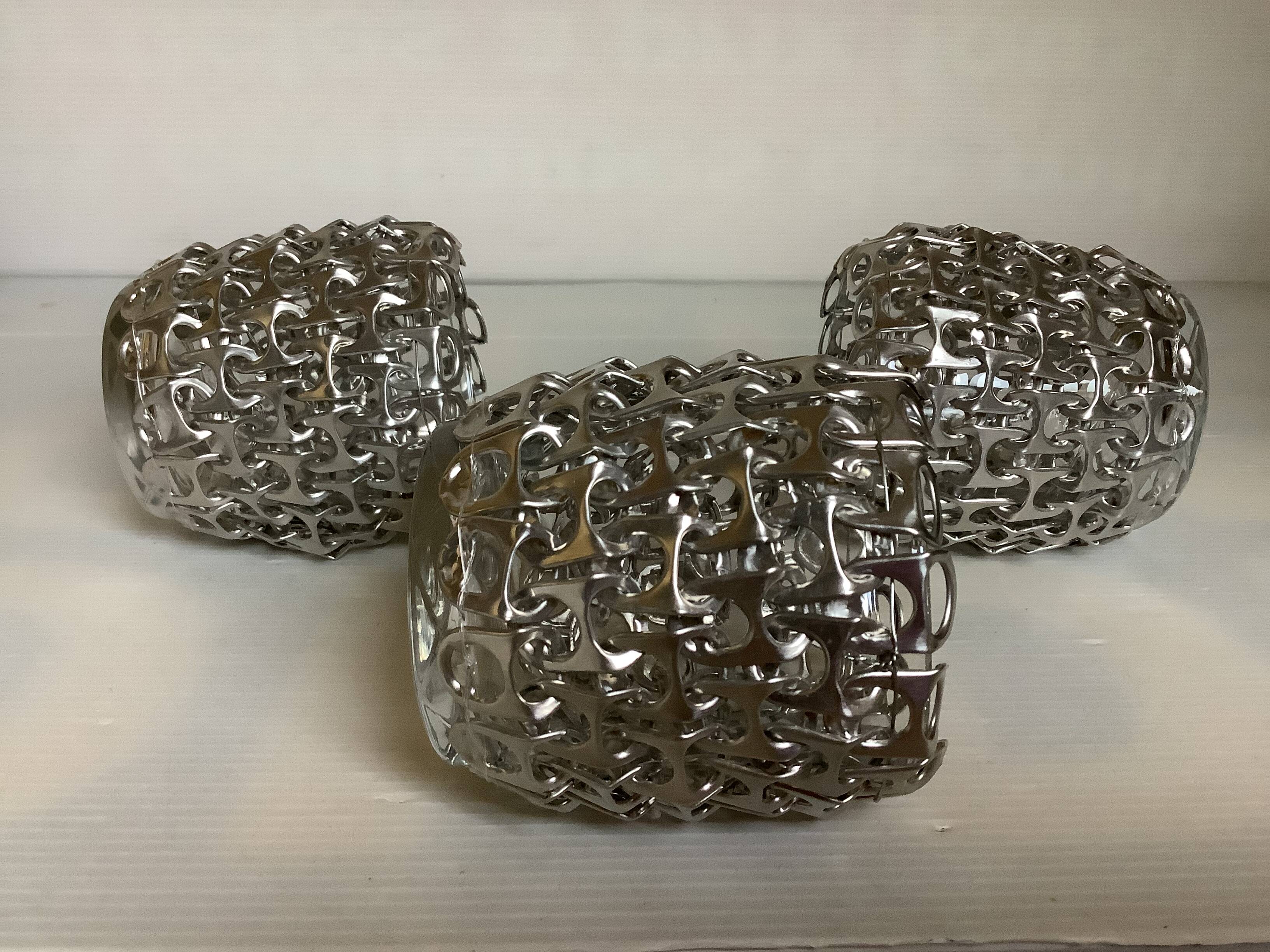 Trio of candle holders in metal strips folk art