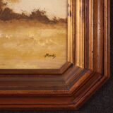 Signed painting landscape with a small house from the 20th century