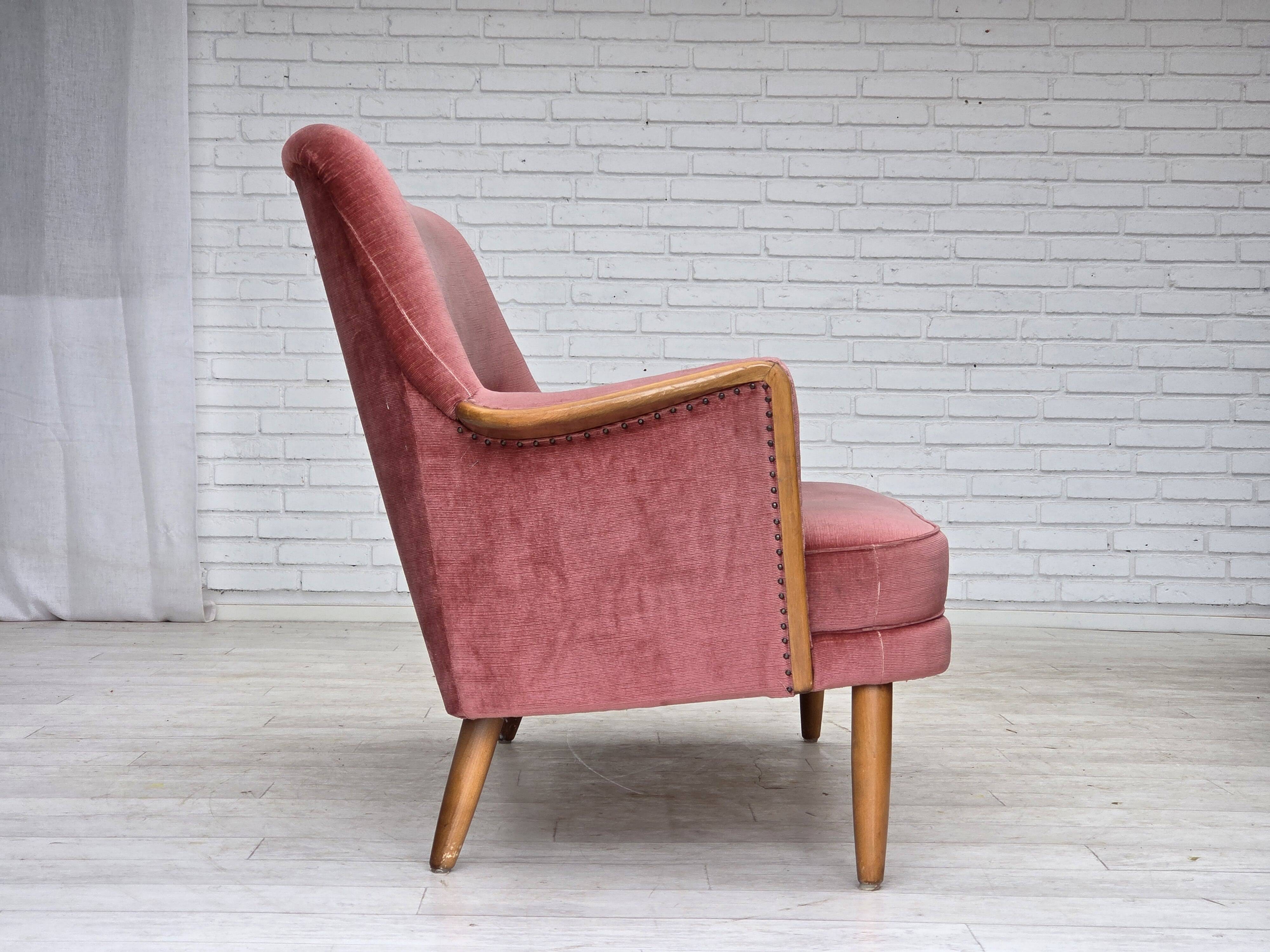 1970s, 2-seater Swedish sofa, pink furniture velour, beech wood.