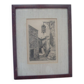 Engraving etching 1940 signed darcy : palace of the prince of sweden in eze alpes maritimes 06 glass frame