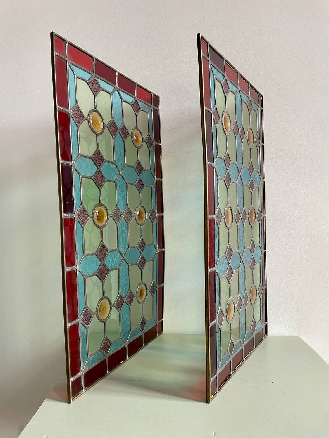 Pair of 1900 polychrome stained glass windows