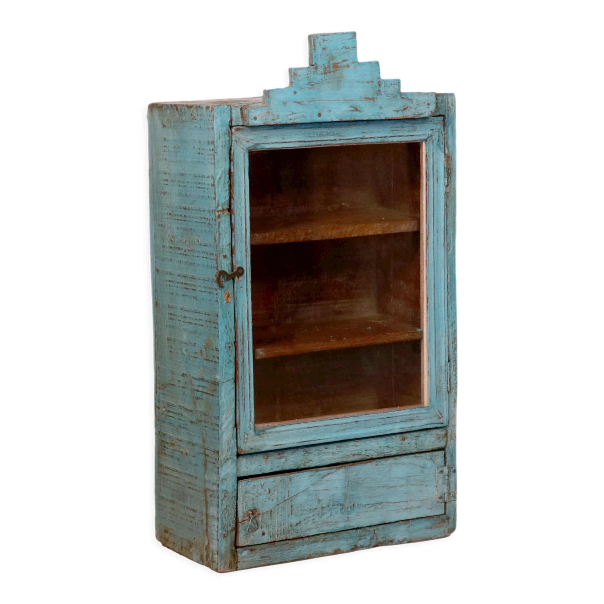 old Art Deco wall display case in original blue teak Burmese patina