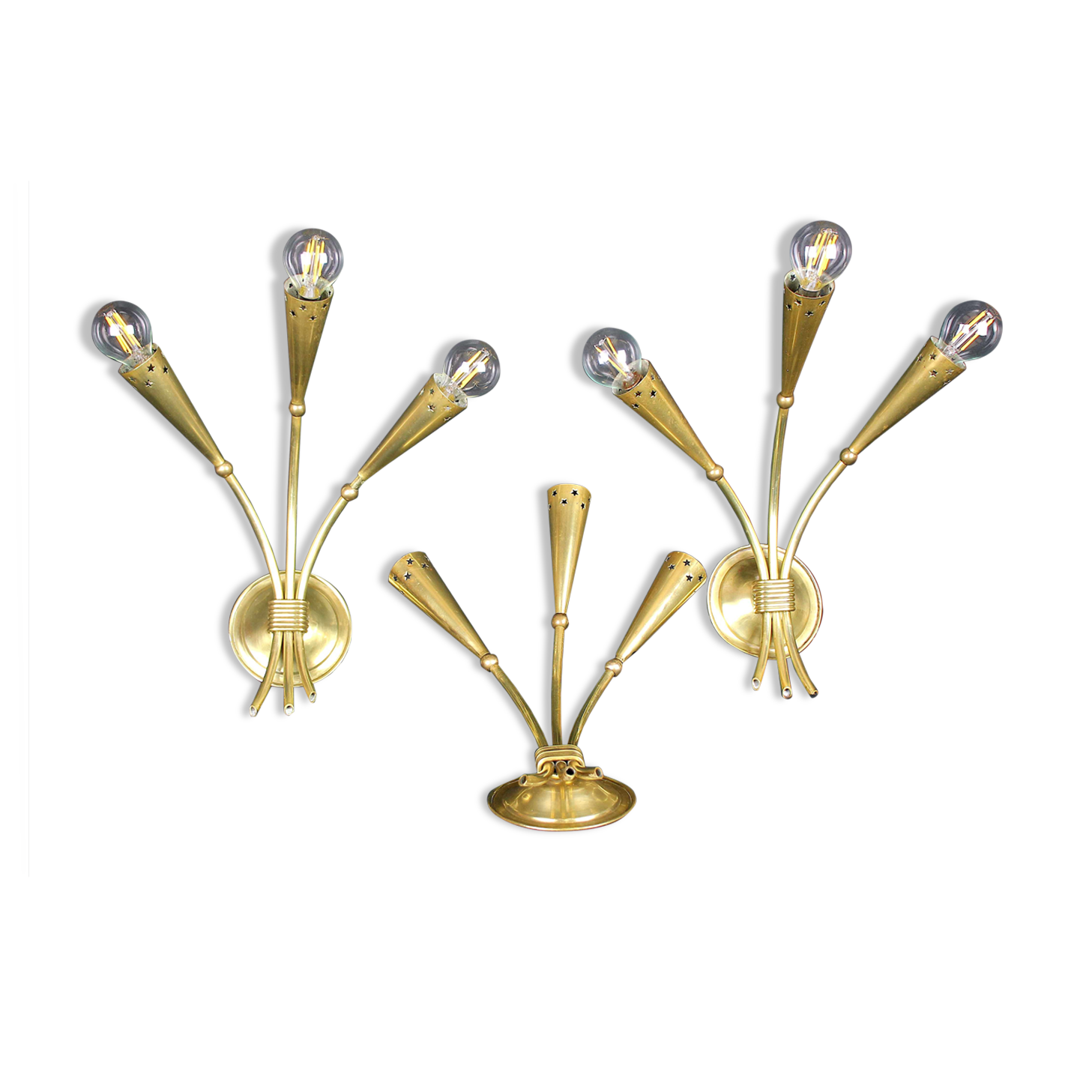 Three gilded brass sconces, Maison Lunel, France, 1950's