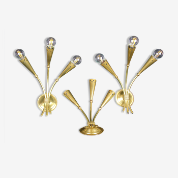 Three gilded brass sconces, Maison Lunel, France, 1950's