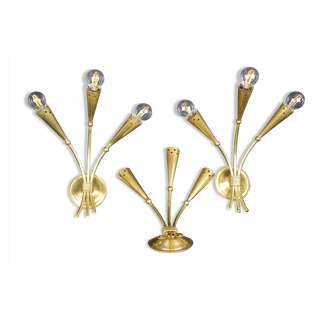 Three gilded brass sconces, Maison Lunel, France, 1950's