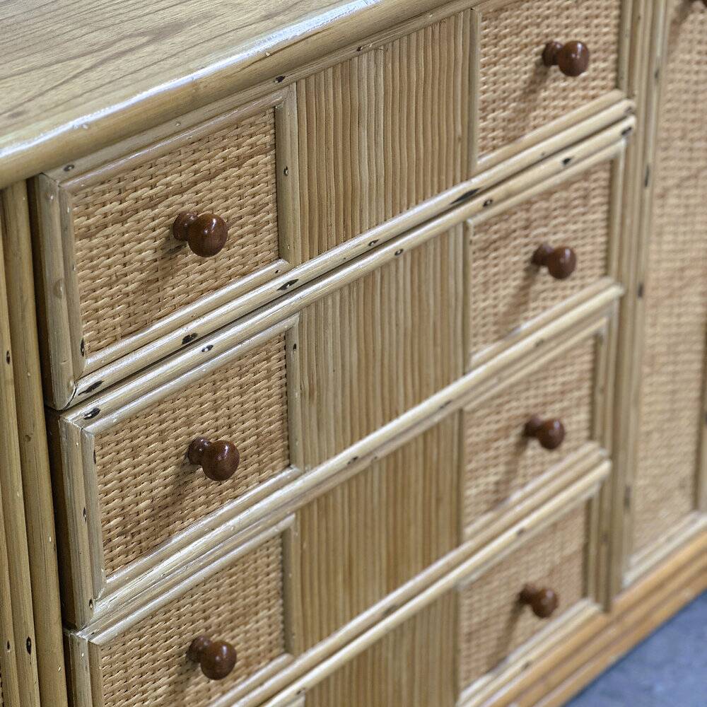 Large coastal rattan and bamboo sideboard credenza, 1980s