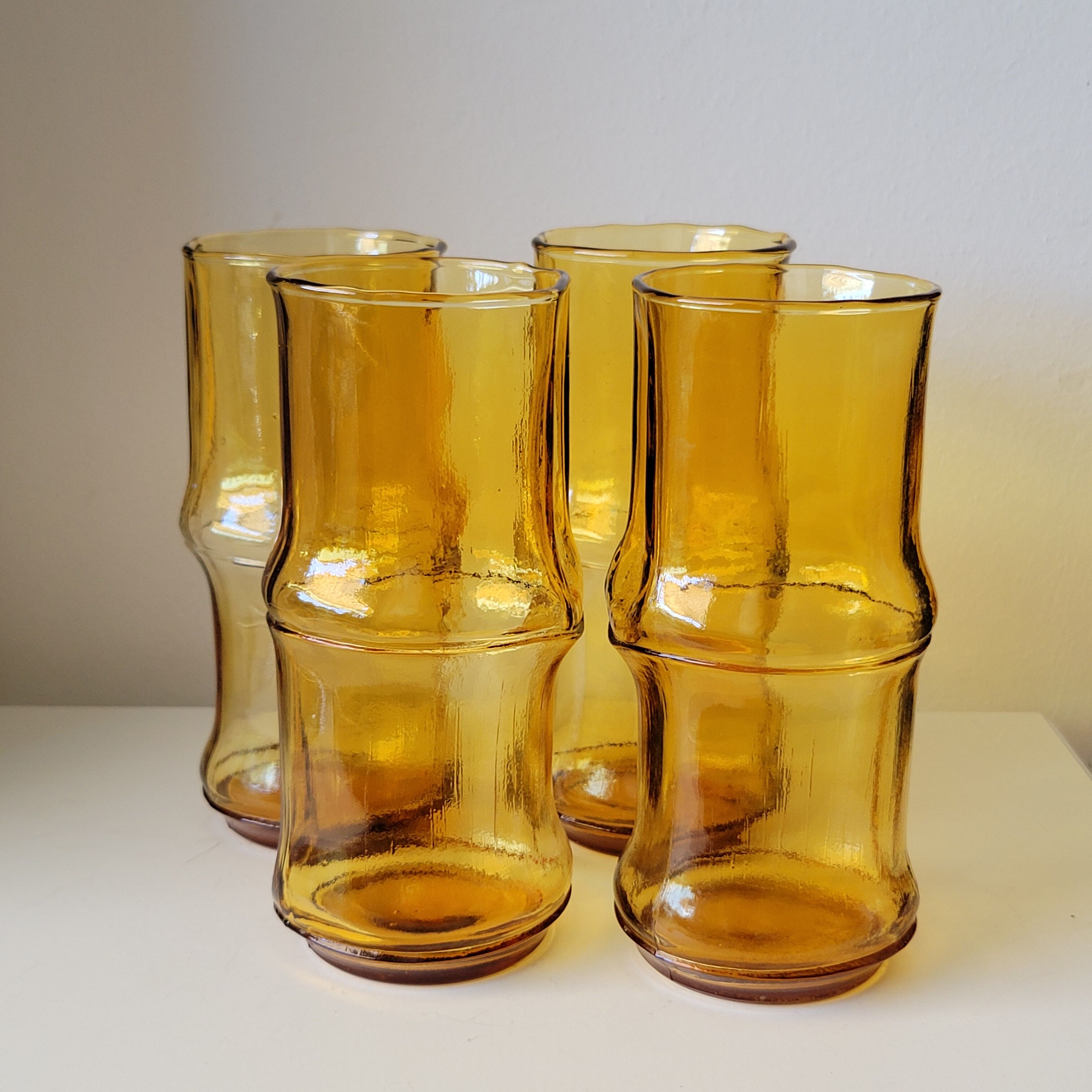 4 vintage orangeade glasses in yellow glass in the shape of bamboo