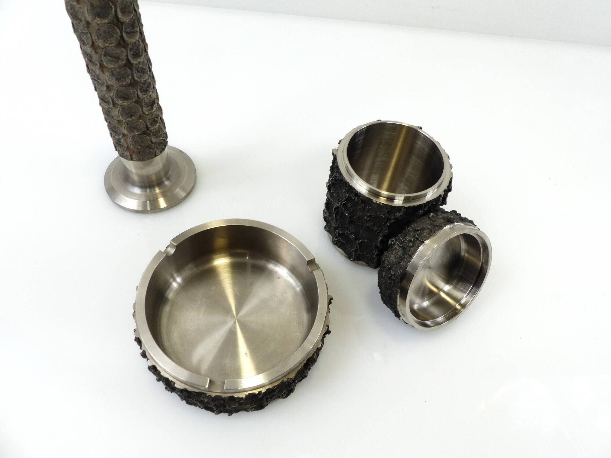 Brutalist metal BMF set – Ashtray, cigarette box and vase