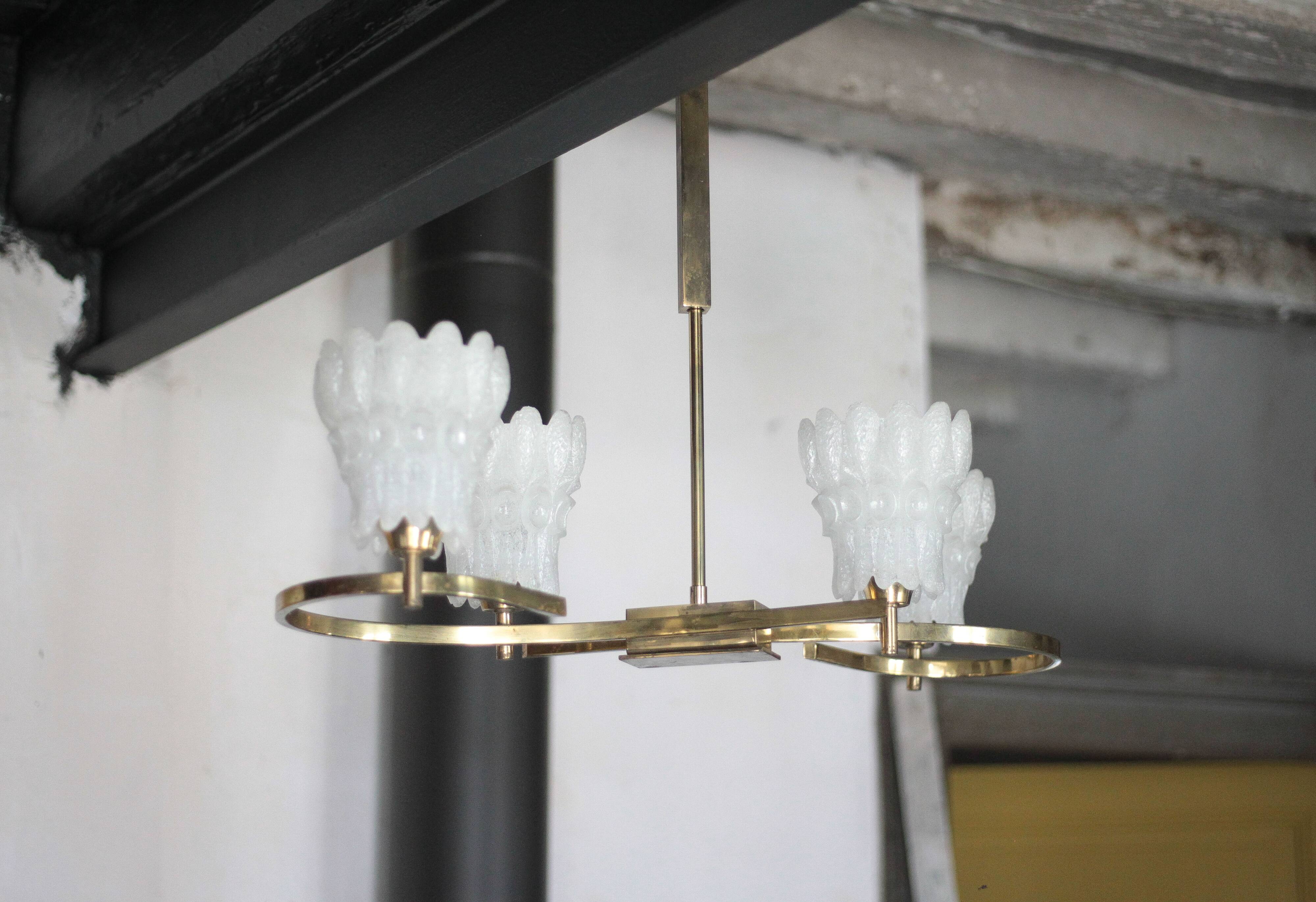 Vintage brass suspension with thick milk glass globe, brass chandelier.