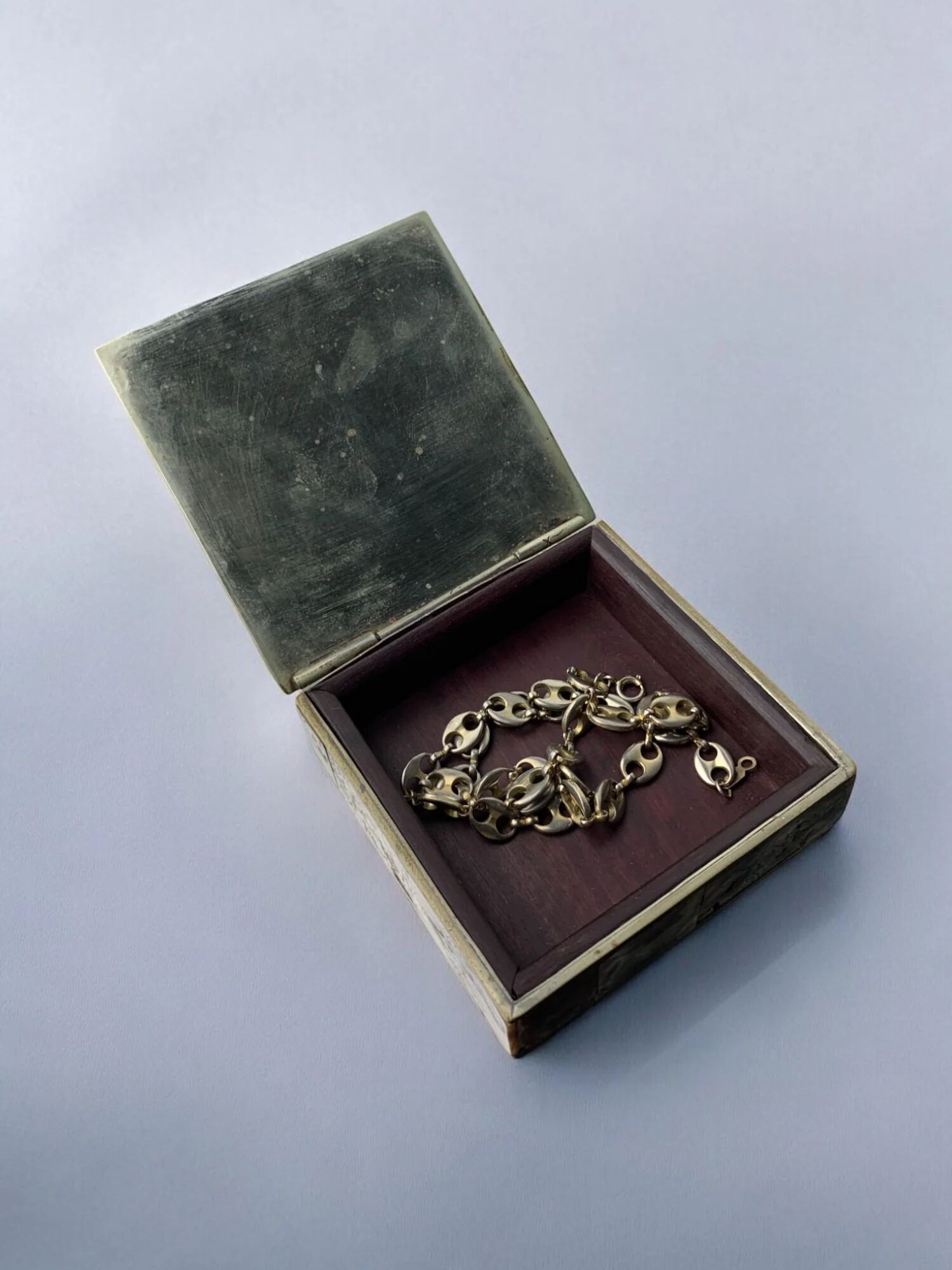 Abalone shell vanity box, alpaca & wood, Mexico, circa 1980