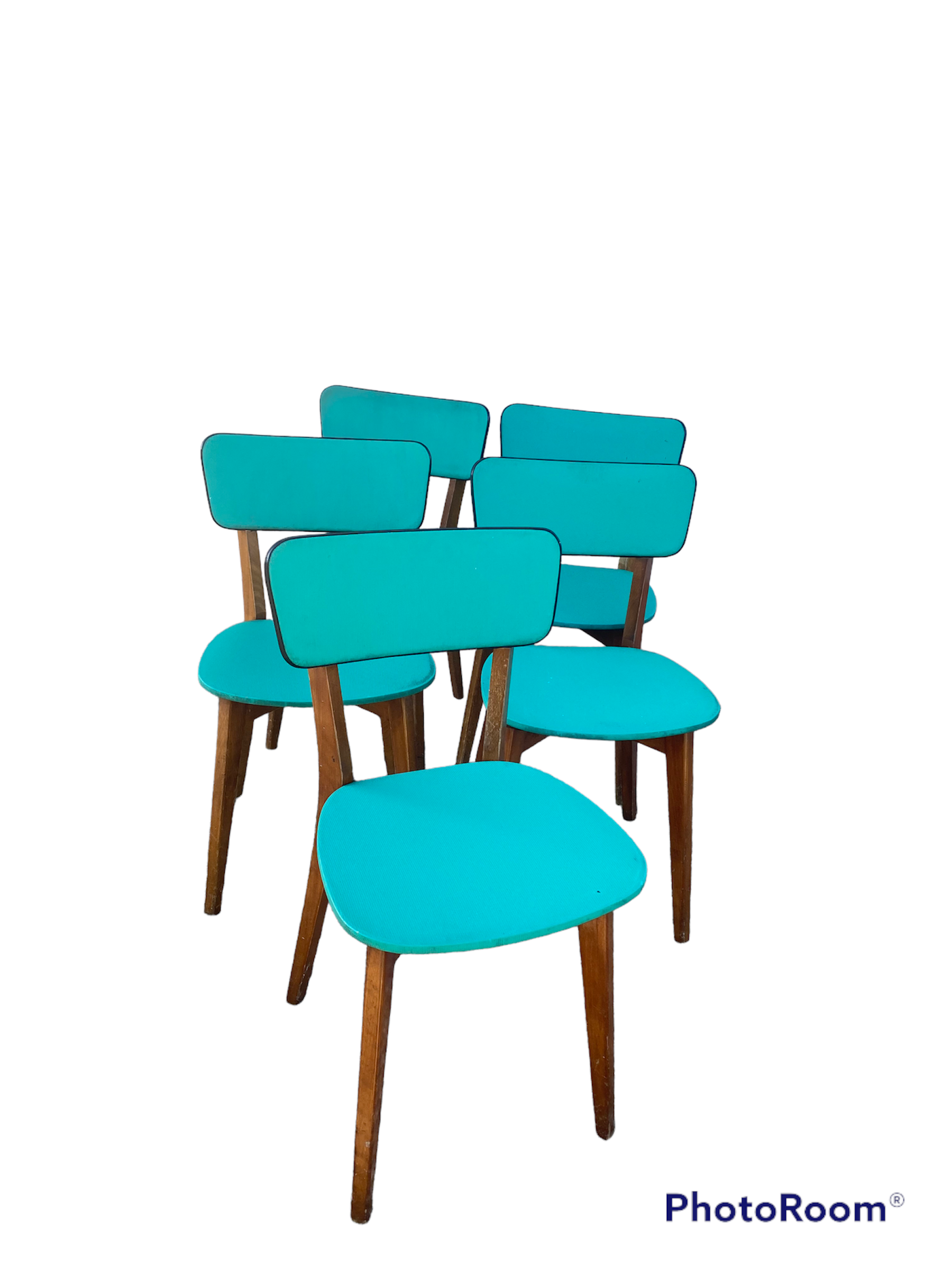 Chaises en skaï pied compas vintage bleu vert