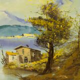 Italian lake view signed painting oil on canvas