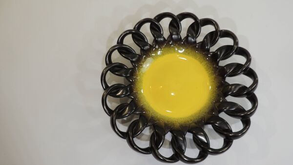 Coupe céramique tressée brun irisé et jaune/ centre de table/Coupe à fruits / Vallauris / Vintage