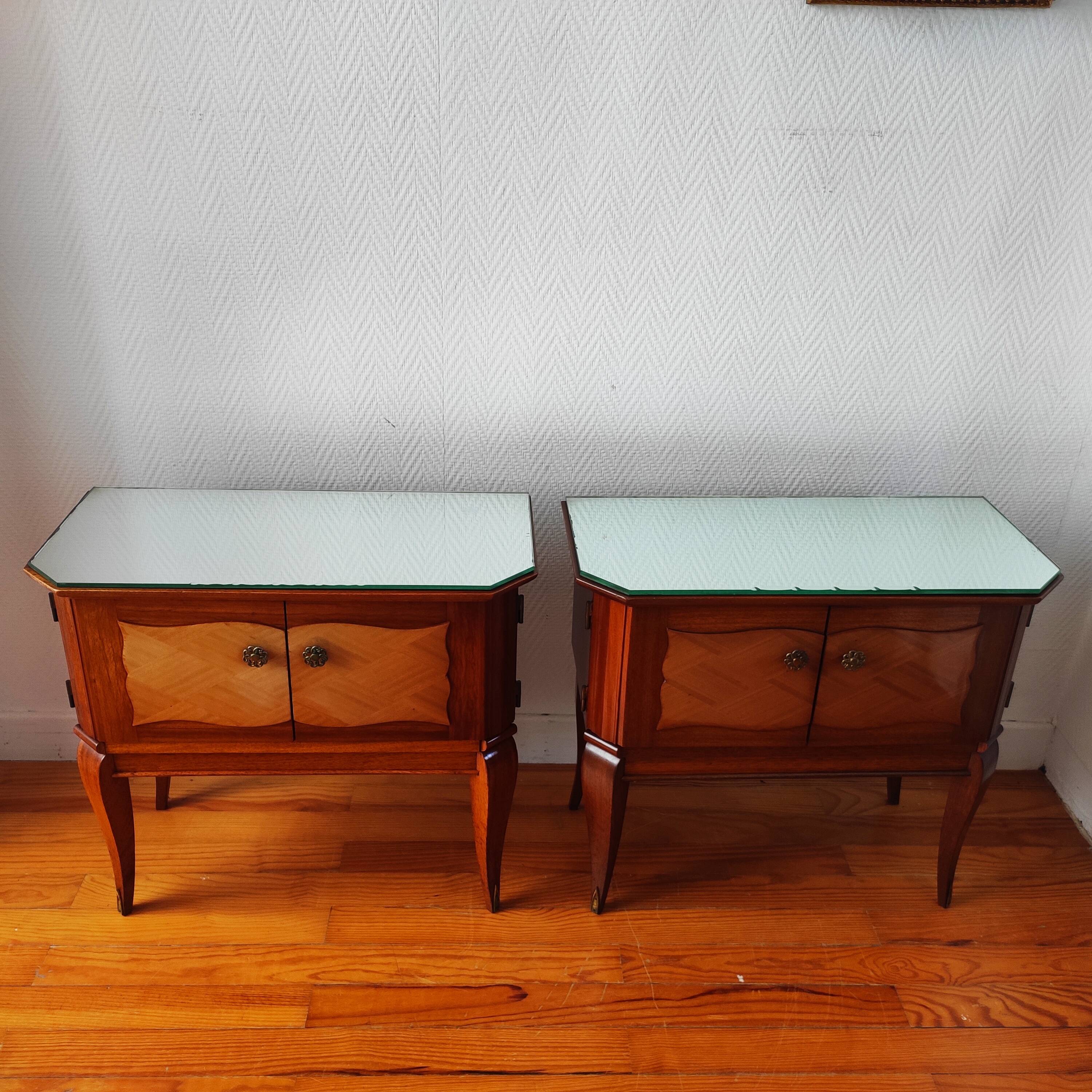 Pair of Art Deco bedside tables, mirrored top.