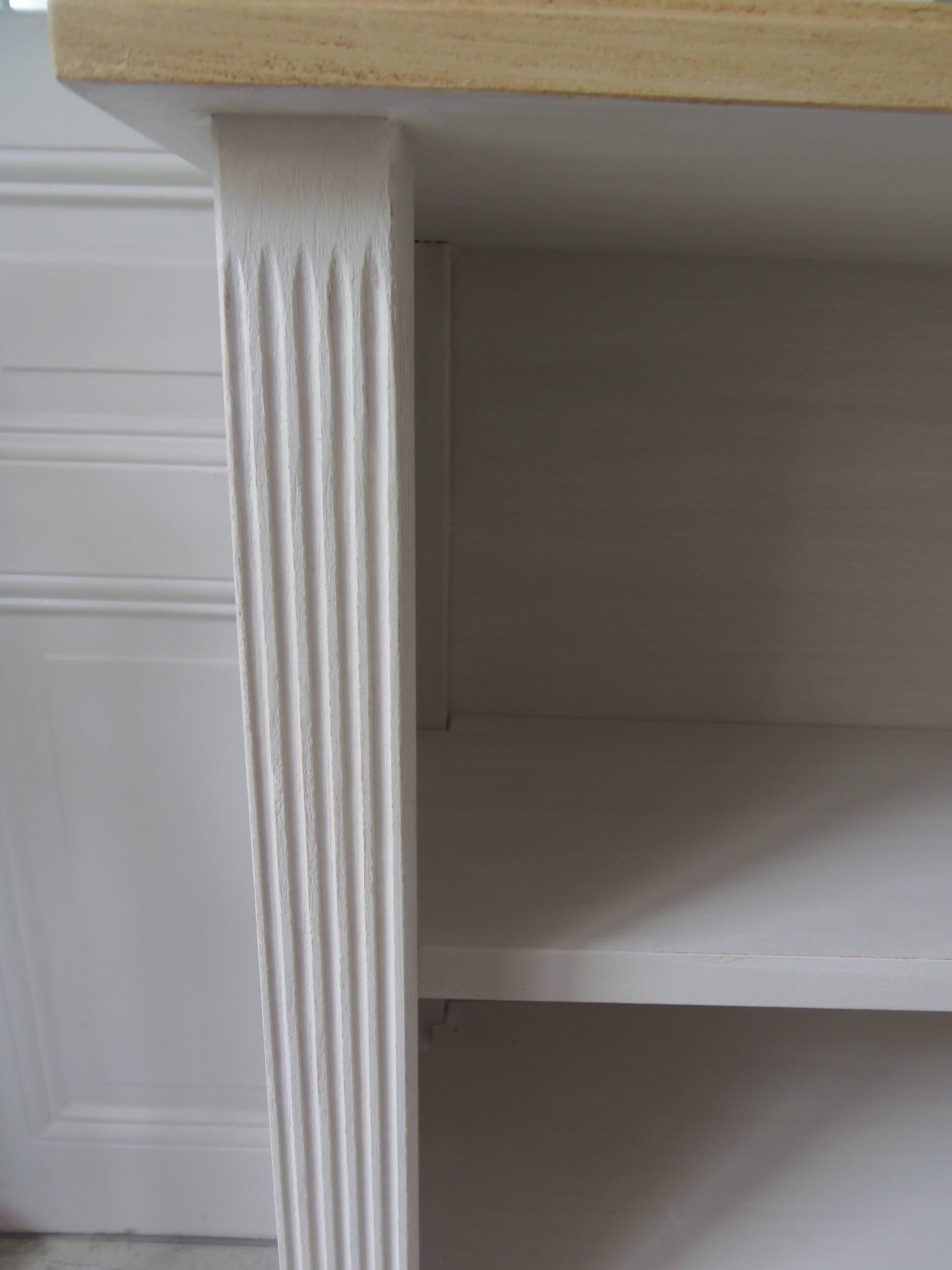 Re-enchanted bookcase in pearl gray, light oak waxed top.