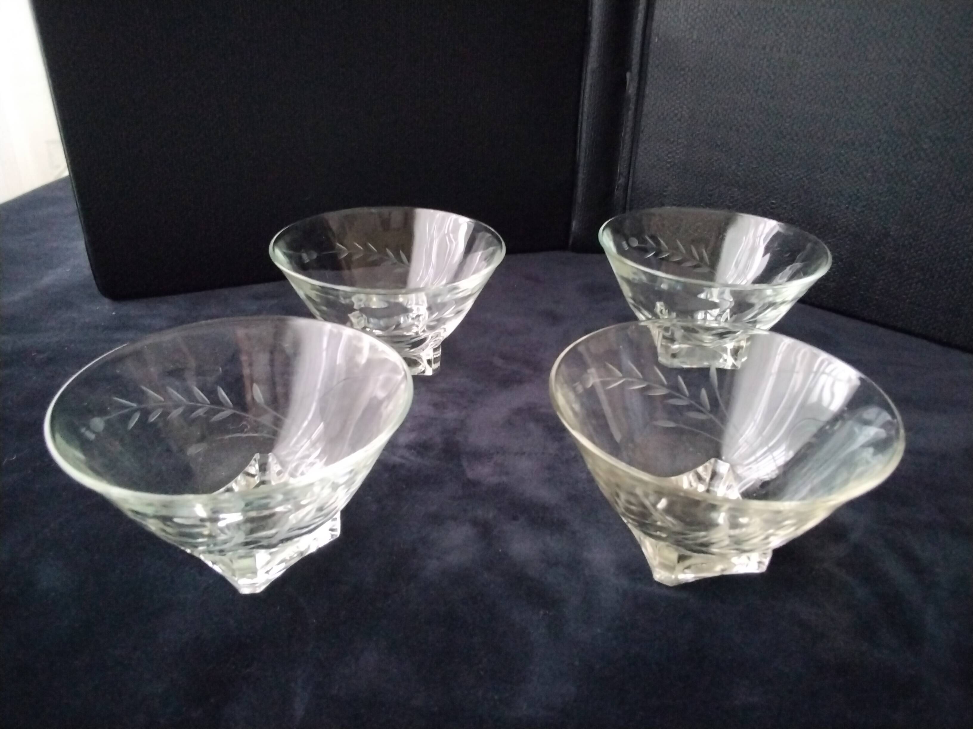 4 Vintage Glass Cups Grinded Decor