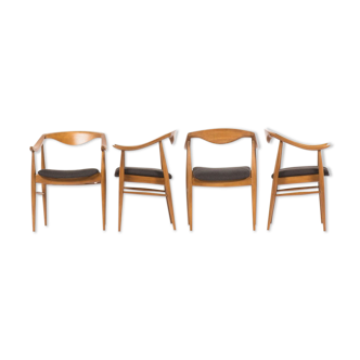 Suite de 4 fauteuils hêtre teinte et lin noir design danois 1950
