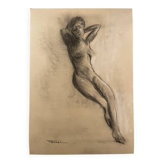 Signed painting charcoal drawing portrait of a woman "relaxation"