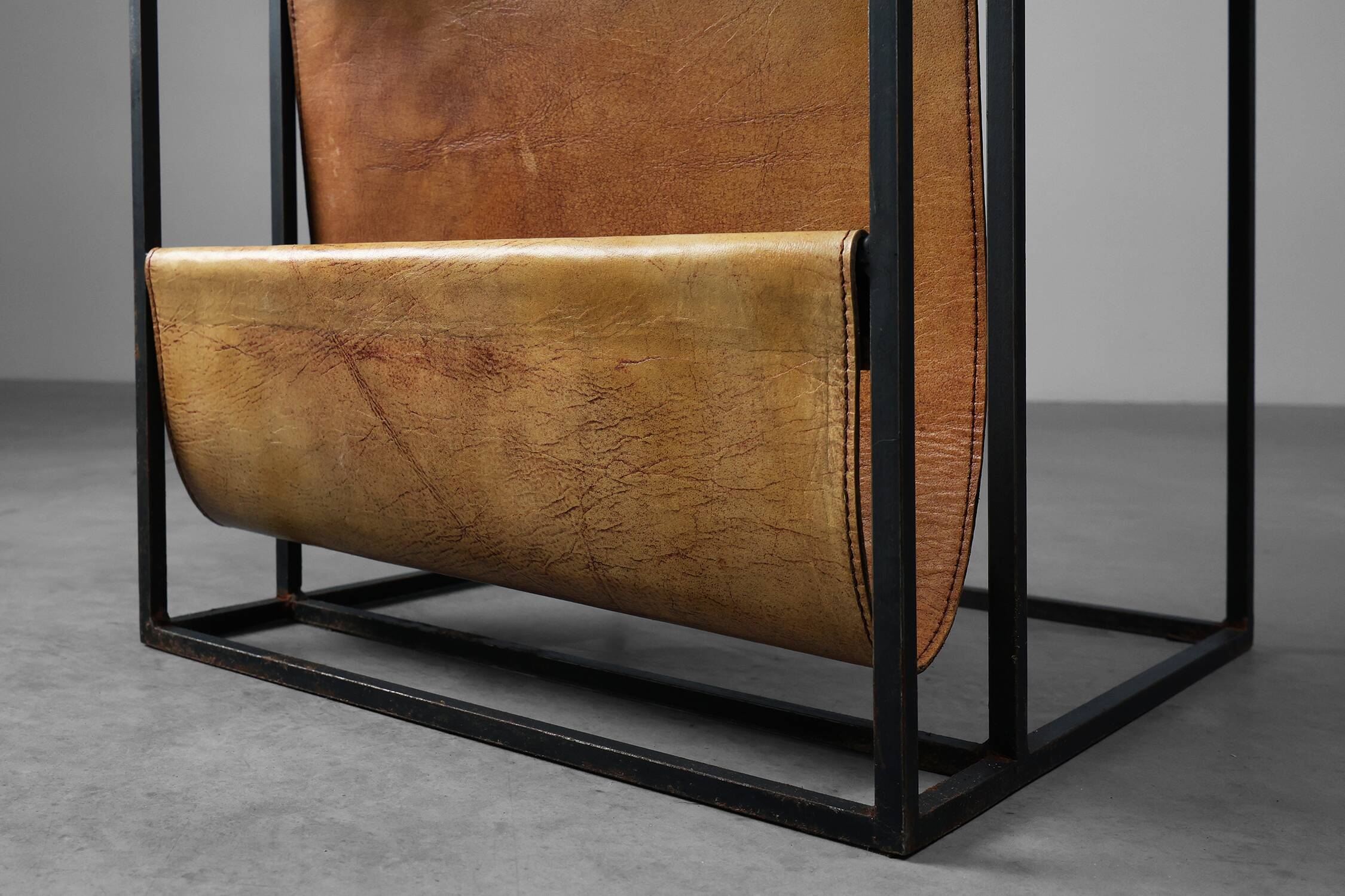 Mid-Century Magazine Holder in Metal, Wood and Leather, Belgium 1960s