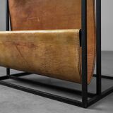 Mid-Century Magazine Holder in Metal, Wood and Leather, Belgium 1960s