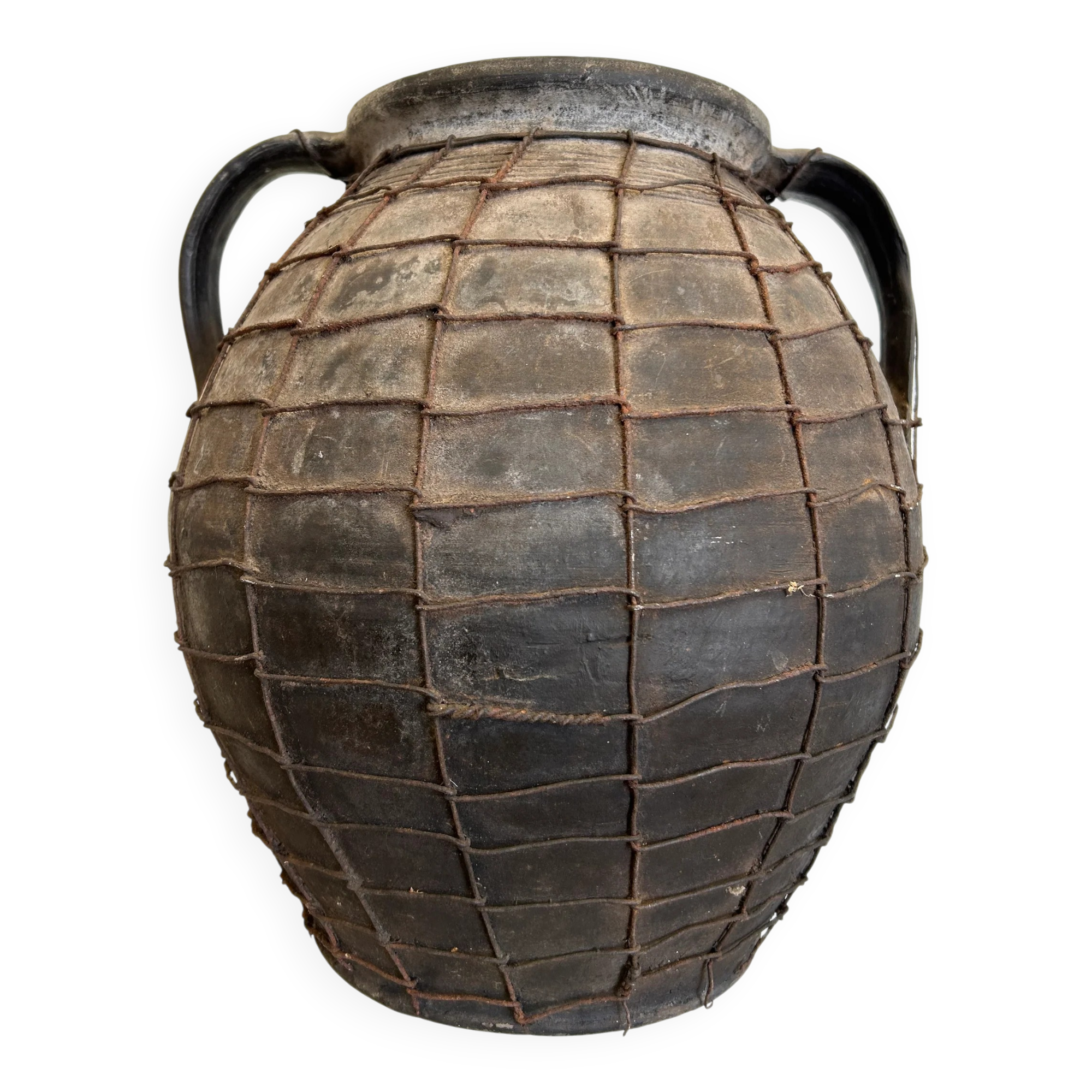 Artisan clay amphora with wire mesh, Romania, circa 1950