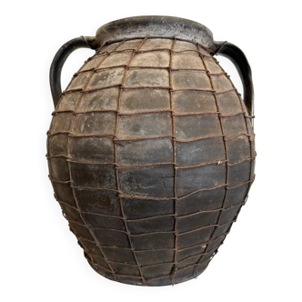 Artisan clay amphora with wire mesh, Romania, circa 1950