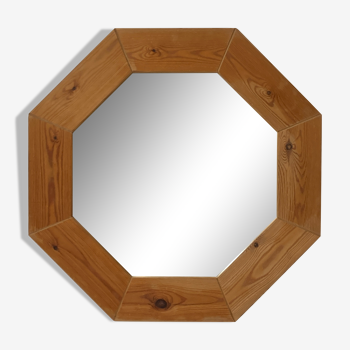 Miroir octogonal scandinave en pin, années 1970