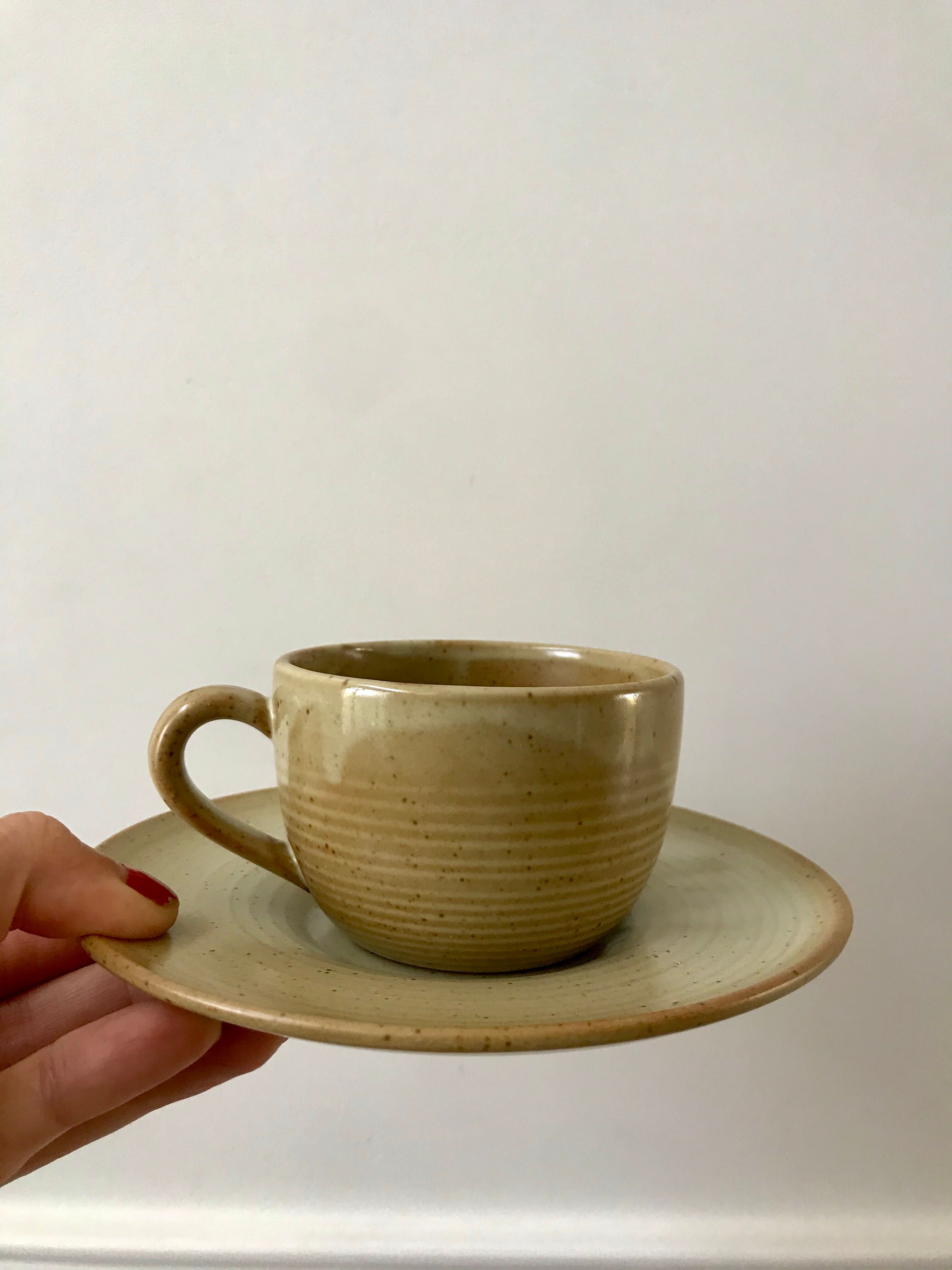 set of 6 stoneware cups and saucers Grès du Village 60s-70s